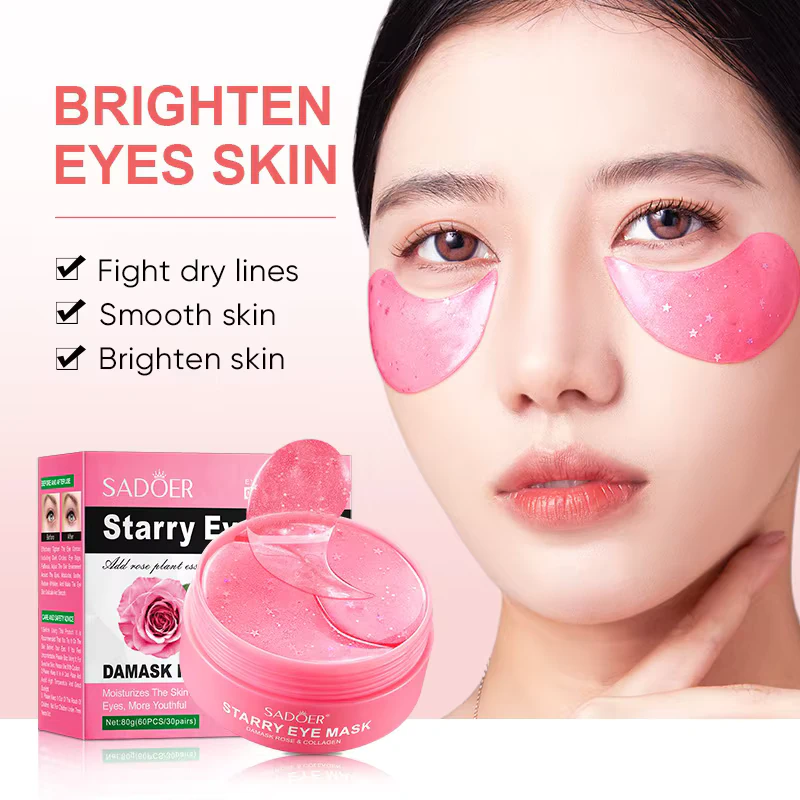 Woman wearing pink SADOER Damask Rose Starry Eye Mask patches alongside the product packaging.