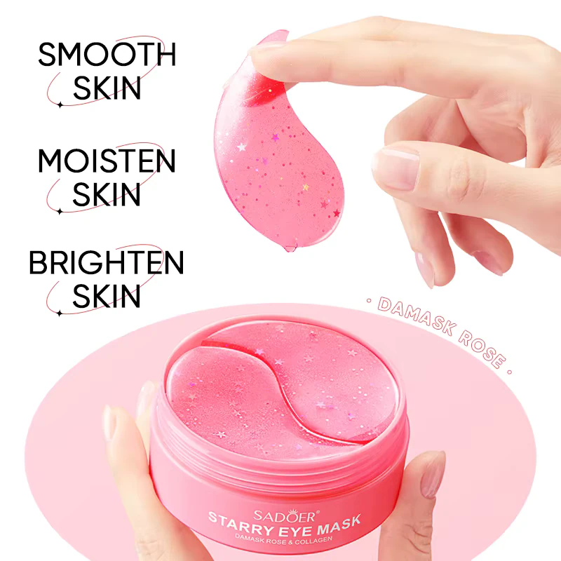 SADOER Damask Rose Starry Eye Mask Patches hydrogel patch lifted from jar for smooth, moisturized skin.