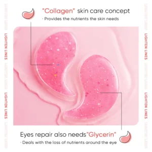 Pink hydrogel SADOER Damask Rose Starry Eye Mask Patches with collagen and glycerin.