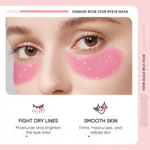 Woman wearing SADOER Damask Rose Starry Eye Mask Patches to moisturize the eye area.