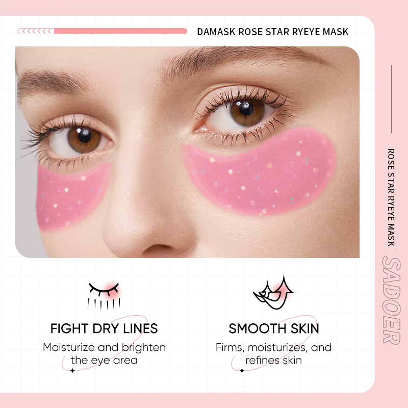 Woman wearing SADOER Damask Rose Starry Eye Mask Patches to moisturize the eye area.