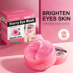 SADOER Damask Rose Starry Eye Mask hydrating hydrogel patches in an open pink jar with a box.
