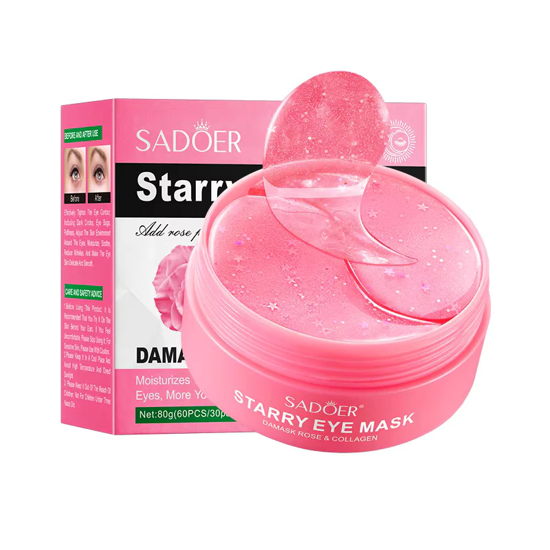 SADOER Damask Rose Starry Eye Mask Patches in pink jar with hydrogel patch.