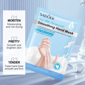 SADOER Goat Milk Nicotinamide Hand Mask packaging highlighting moisturizing, brightening, and smoothing benefits.