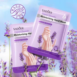 Two SADOER Lavender Hand Mask sachets displayed against a blooming lavender field background.