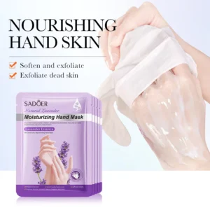 SADOER Lavender Hand Mask moisturizing treatment showing packaging and application of hydrating essence.