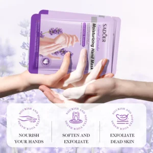 SADOER Lavender Hand Mask moisturizing treatment held above hands with nourishing lavender essence.