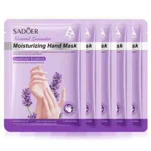 Five purple sachets of SADOER Lavender Hand Mask for moisturizing and smoothing dry, rough hands.