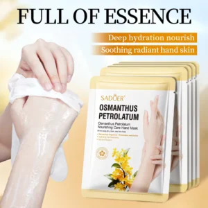 SADOER Osmanthus Petrolatum Hand Mask packaging and hands using the hydrating glove-style treatment.
