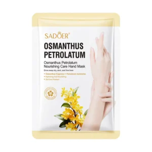 SADOER Osmanthus Petrolatum Hand Mask packaging featuring yellow osmanthus flowers and smooth hands.