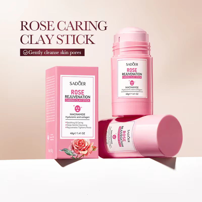 SADOER Rose Clay Stick Face Mask box and two pink mess-free applicator sticks.