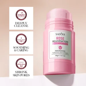 SADOER Rose Clay Stick Face Mask displaying deep cleanse soothing and pore shrinking benefits.