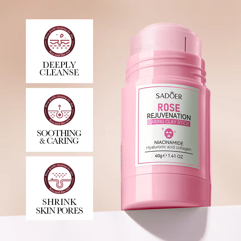 SADOER Rose Clay Stick Face Mask displaying deep cleanse soothing and pore shrinking benefits.