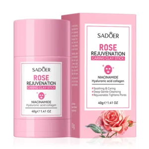 Pink SADOER Rose Clay Stick Face Mask applicator tube and matching box featuring rose illustrations.