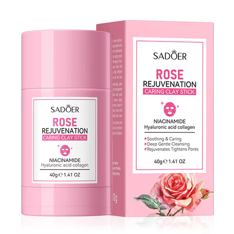 Pink SADOER Rose Clay Stick Face Mask applicator tube and matching box featuring rose illustrations.