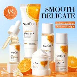 SADOER Vitamin C Brightening and Whitening Skincare Set displayed with fresh orange slices
