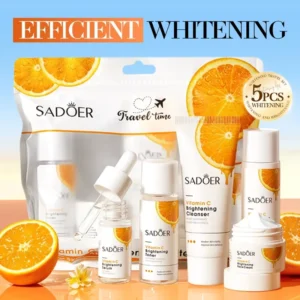 SADOER Vitamin C Brightening and Whitening Skincare Set five piece travel kit with oranges