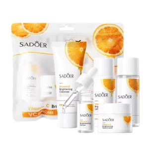 SADOER Vitamin C Brightening and Whitening Skincare Set featuring five travel-friendly products and a pouch