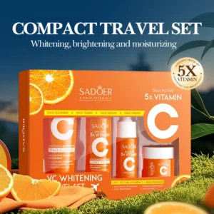 SADOER Vitamin C Travel Skincare Set in orange box featuring cleanser, toner, serum, and cream