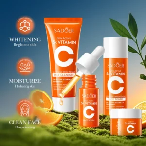 SADOER Vitamin C Travel Skincare Set featuring cleanser, toner, serum, and cream with orange slices