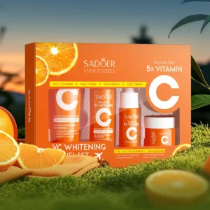 SADOER Vitamin C Travel Skincare Set displayed on grass with fresh orange slices and sunlight