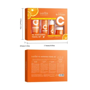 SADOER Vitamin C Travel Skincare Set box dimensions showing front and back packaging.