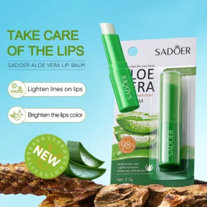 SADOER Aloe Vera Lip Balm tube and packaging with fresh aloe slices on natural stone.