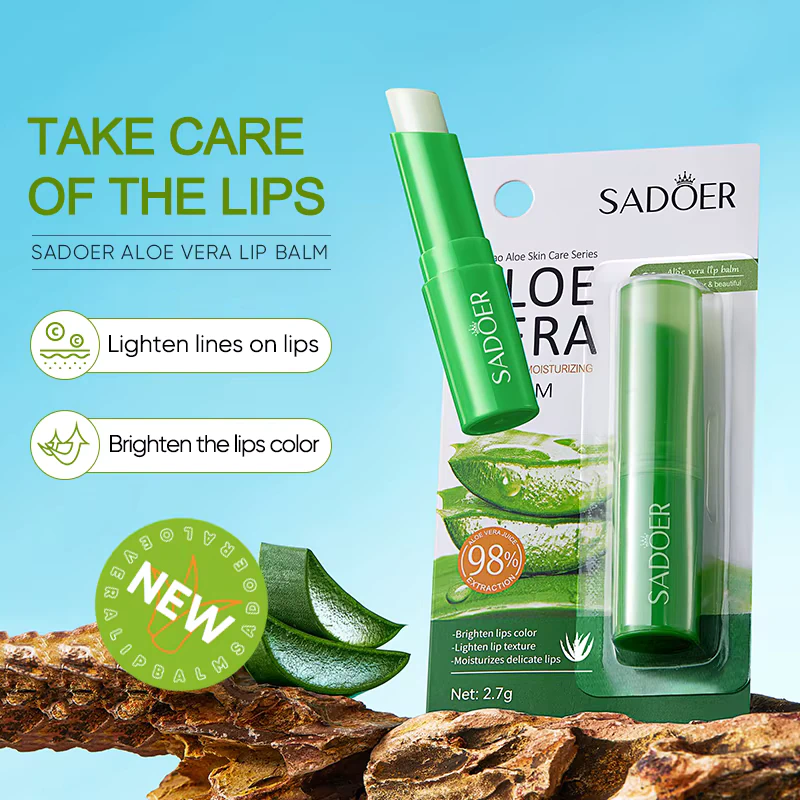 SADOER Aloe Vera Lip Balm tube and packaging with fresh aloe slices on natural stone.