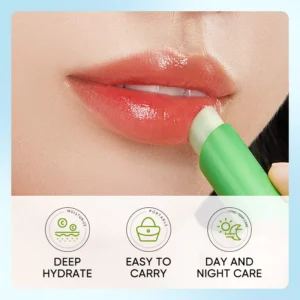 SADOER Aloe Vera Lip Balm applying to lips, with icons for deep hydration, portable, day and night care.