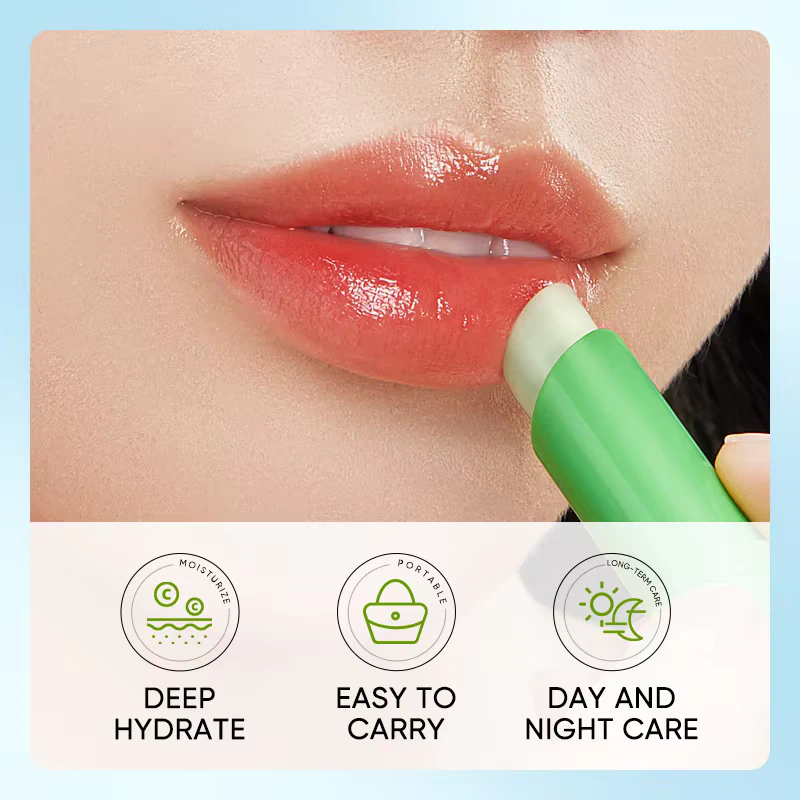 SADOER Aloe Vera Lip Balm applying to lips, with icons for deep hydration, portable, day and night care.