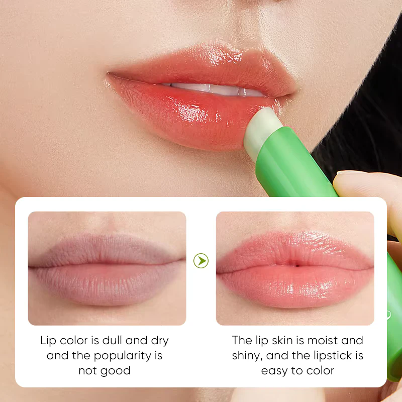 SADOER Aloe Vera Lip Balm before and after comparison showing dry lips become moist and glossy.