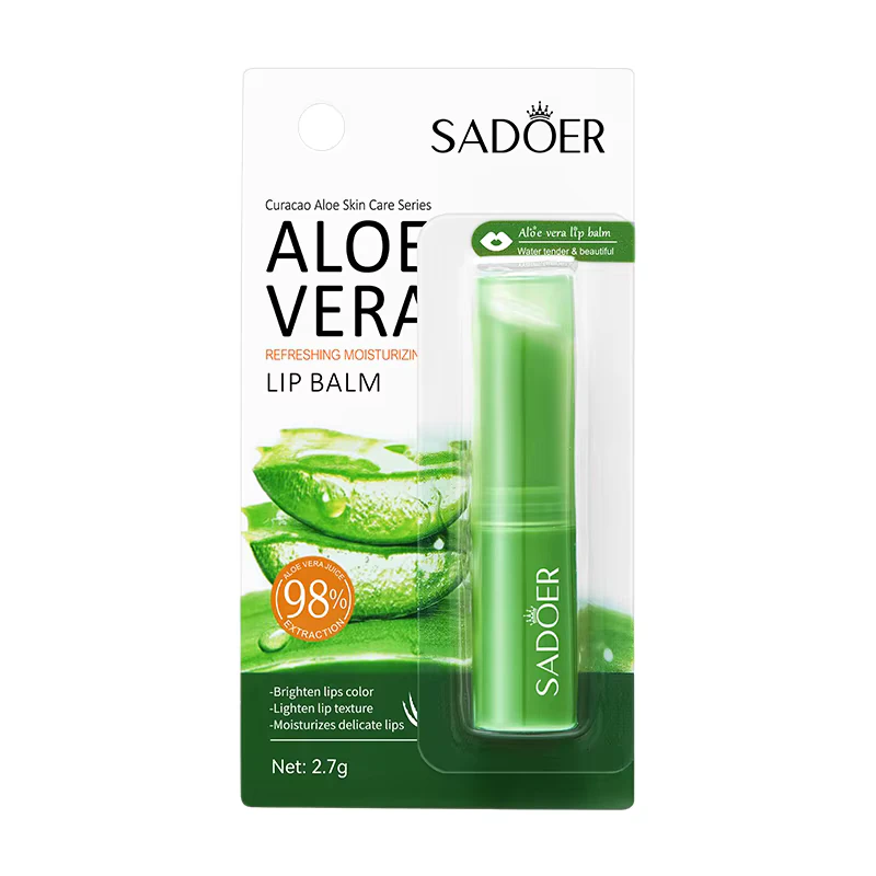 SADOER Aloe Vera Lip Balm blister pack with green tube and aloe leaves.