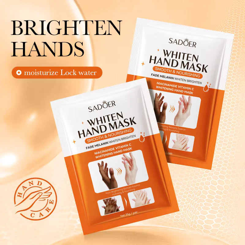 Two packets of SADOER Niacinamide & Vitamin C Hand Mask for moisturizing and brightening.