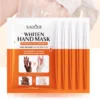 Three SADOER Niacinamide & Vitamin C Hand Mask sachets and a moisturizing hand care glove.