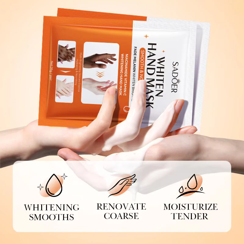 SADOER Niacinamide & Vitamin C Hand Mask packets and hands applying moisturizing essence.