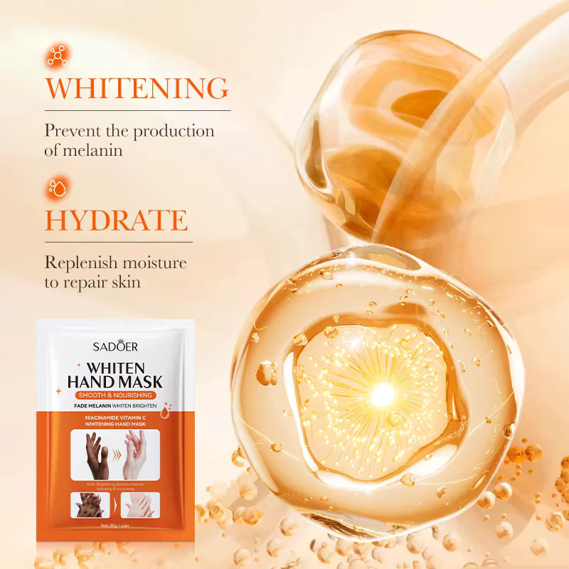 SADOER Niacinamide & Vitamin C Hand Mask with glowing hydrating essence drops.