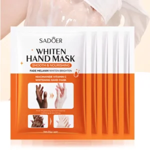 Three SADOER Niacinamide & Vitamin C Hand Mask sachets and a moisturizing hand care glove.