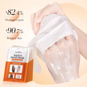 Hands wearing SADOER Niacinamide & Vitamin C Hand Mask covered in hydrating essence.