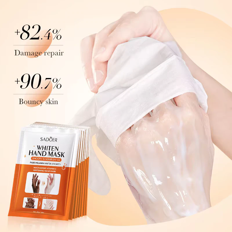 Hands wearing SADOER Niacinamide & Vitamin C Hand Mask covered in hydrating essence.