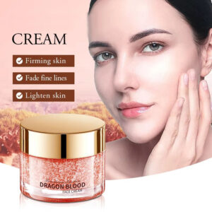 SADOER Dragon Blood Face Cream jar and radiant model highlighting skin-firming benefits.