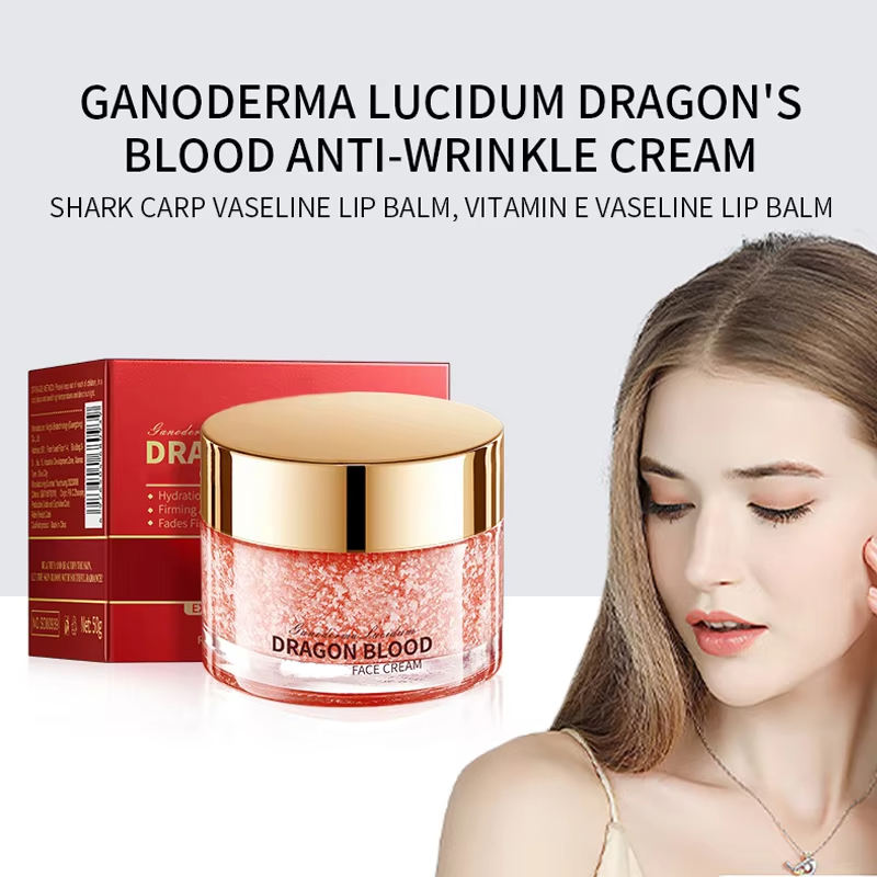SADOER Dragon Blood Face Cream with Ganoderma Lucidum, shown with packaging and a woman's radiant complexion.