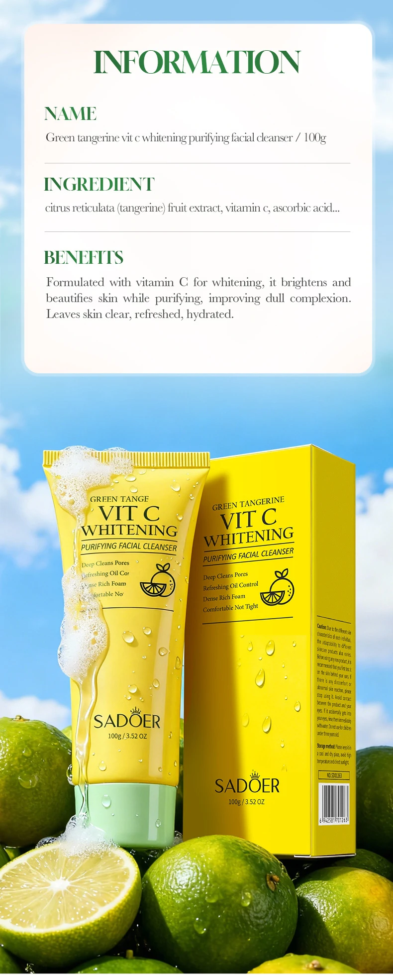 SADOER Green Tangerine Vitamin C Purifying Facial Cleanser product information.