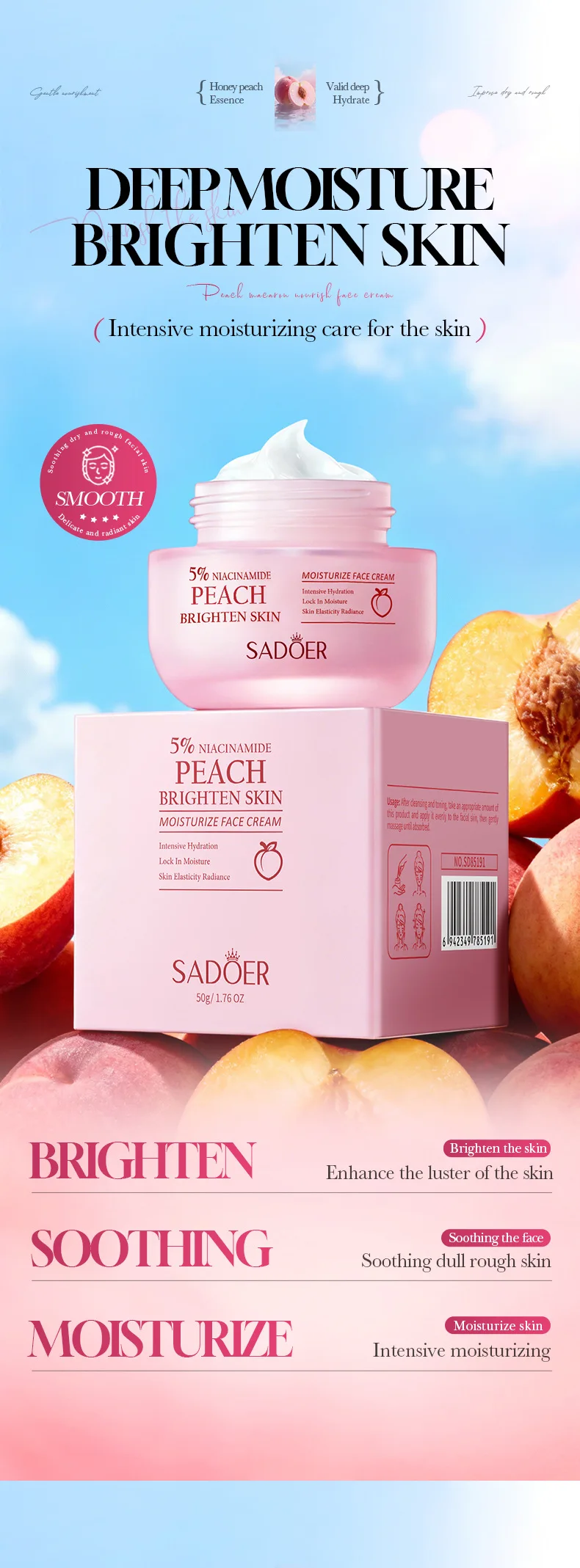 SADOER Niacinamide Peach Face Cream product information.