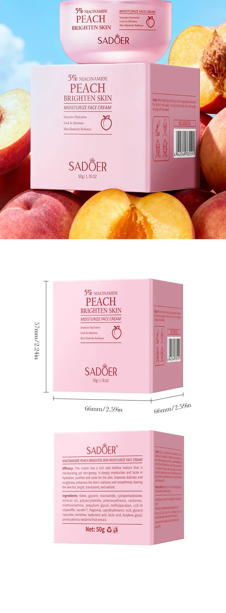 SADOER Niacinamide Peach Face Cream product information.