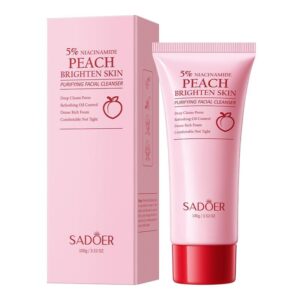 SADOER Niacinamide Peach Purifying Facial Cleanser 100g tube and pink packaging box.