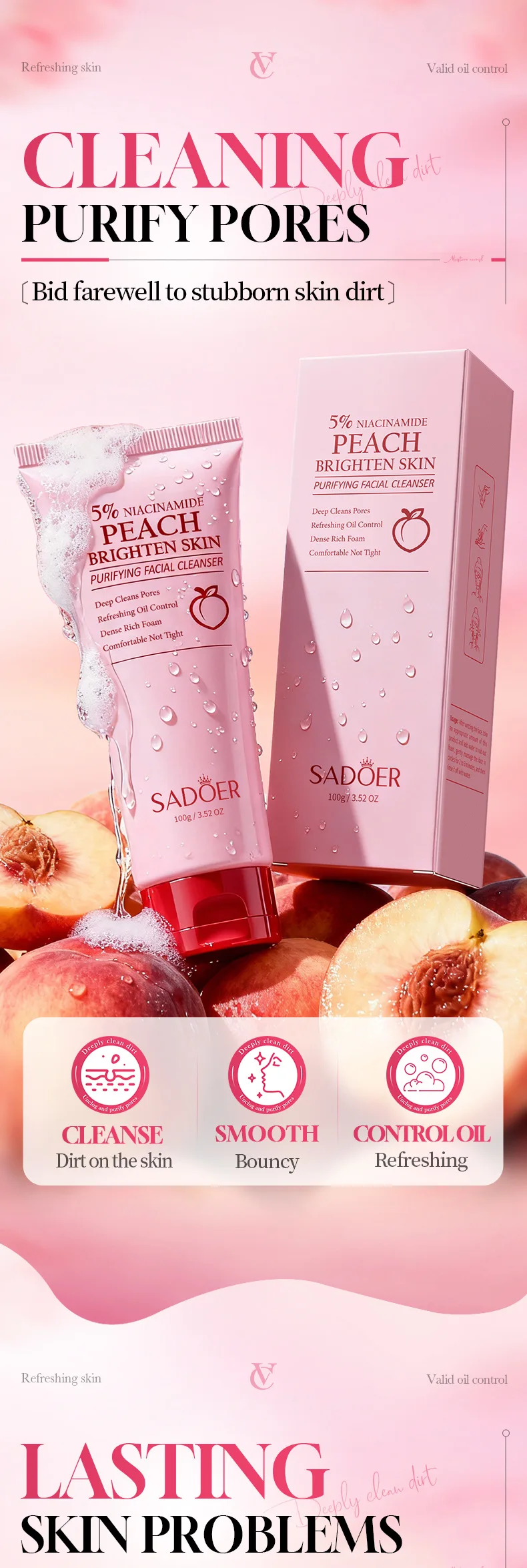 SADOER Niacinamide Peach Purifying Facial Cleanser product information.