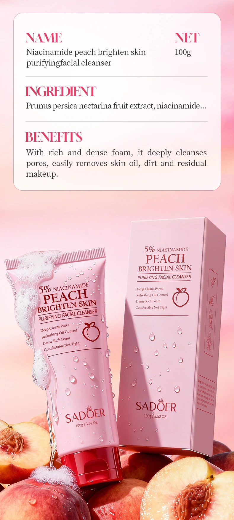 SADOER Niacinamide Peach Purifying Facial Cleanser product information.
