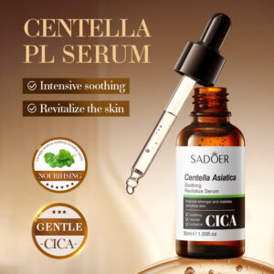 Open dropper bottle of SADOER Centella Asiatica Soothing Face Serum for intensive skin revitalization.