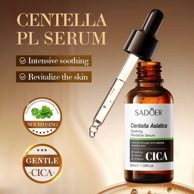 Open dropper bottle of SADOER Centella Asiatica Soothing Face Serum for intensive skin revitalization.