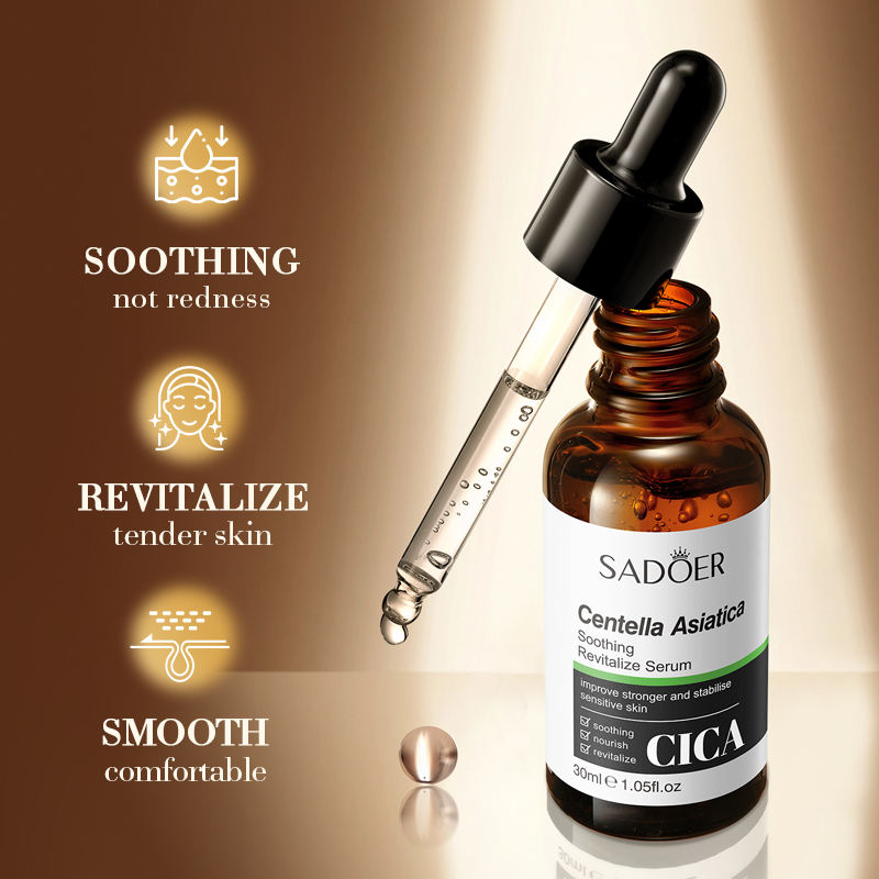 SADOER Centella Asiatica Soothing Face Serum bottle with dropper displaying soothing and revitalizing benefits.